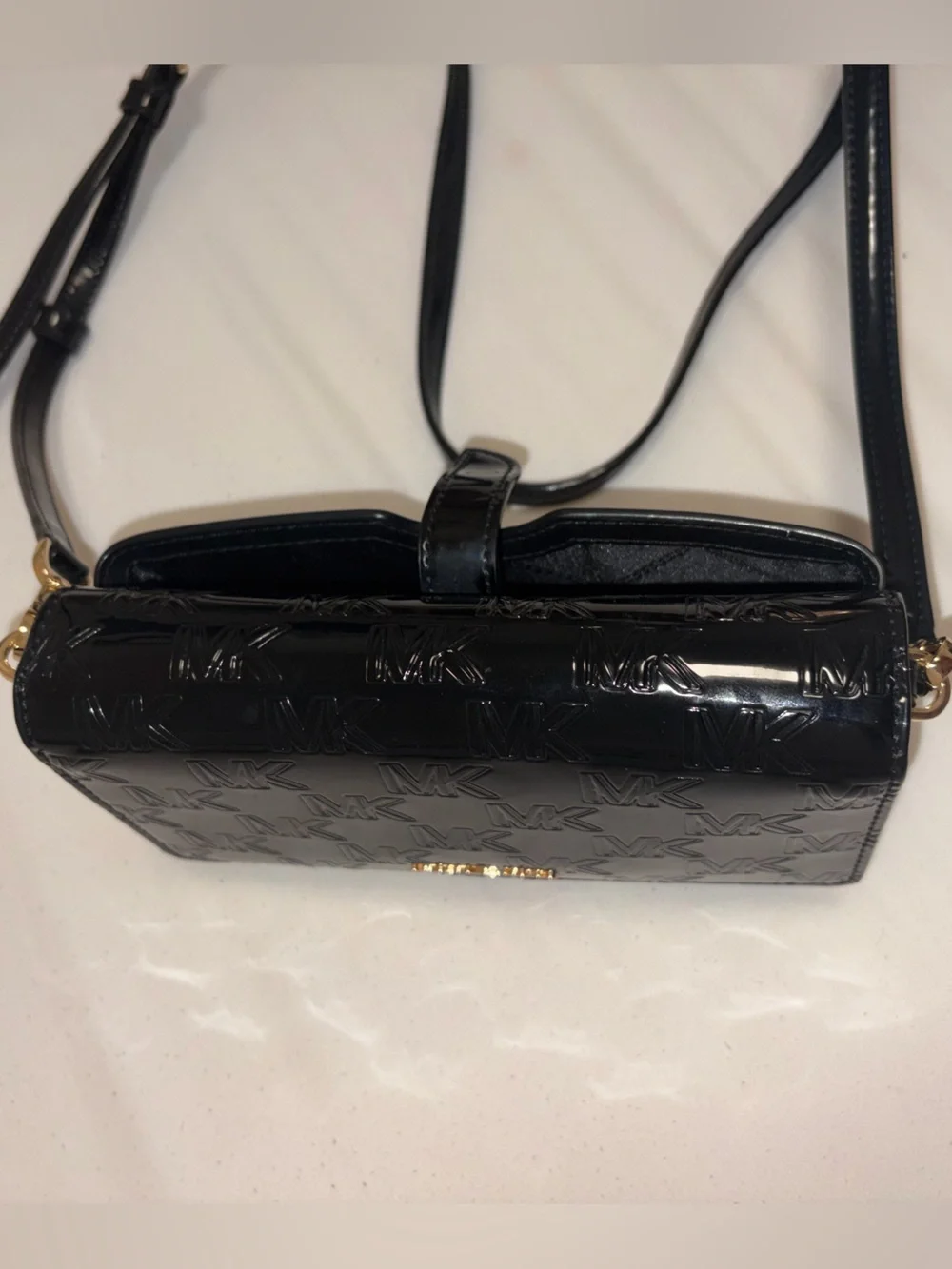 Michael Kors Black Patent Embossed MK Crossbody Wallet with Gold Hardware